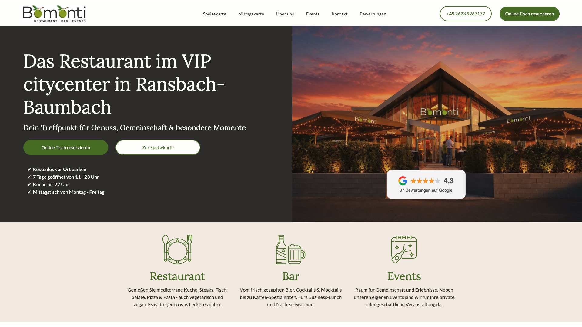 Website des Restaurants Bòmónti